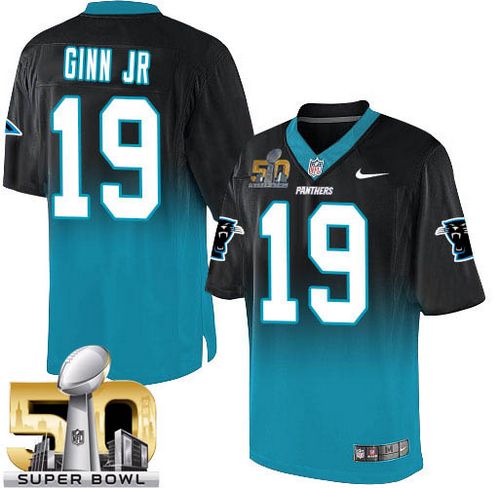  Panthers #19 Ted Ginn Jr Black/Blue Super Bowl 50 Men's Stitched NFL Elite Fadeaway Fashion Jersey