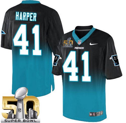  Panthers #41 Roman Harper Black/Blue Super Bowl 50 Men's Stitched NFL Elite Fadeaway Fashion Jersey