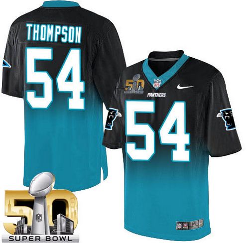  Panthers #54 Shaq Thompson Black/Blue Super Bowl 50 Men's Stitched NFL Elite Fadeaway Fashion Jersey