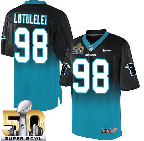  Panthers #98 Star Lotulelei Black/Blue Super Bowl 50 Men's Stitched NFL Elite Fadeaway Fashion Jersey