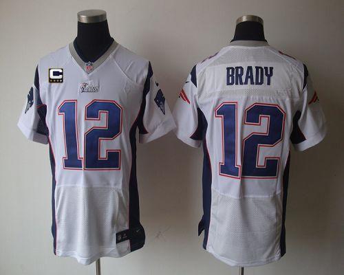  Patriots #12 Tom Brady White With C Patch Men's Stitched NFL Elite Jersey