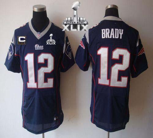  Patriots #12 Tom Brady Navy Blue Team Color With C Patch Super Bowl XLIX Men's Stitched NFL Elite Jersey