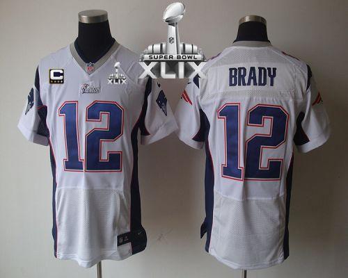  Patriots #12 Tom Brady White With C Patch Super Bowl XLIX Men's Stitched NFL Elite Jersey