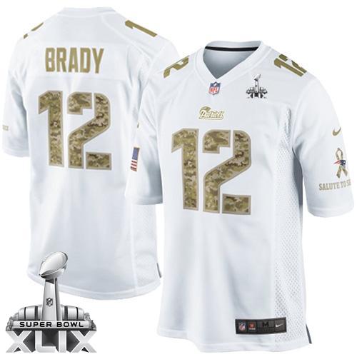  Patriots #12 Tom Brady White Super Bowl XLIX Men's Stitched NFL Limited Salute to Service Jersey