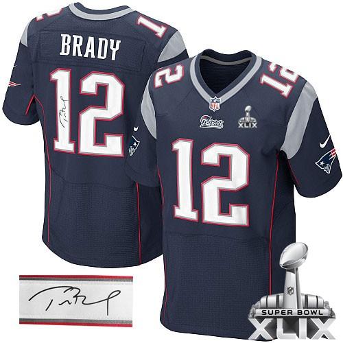  Patriots #12 Tom Brady Navy Blue Team Color Super Bowl XLIX Men's Stitched NFL Elite Autographed Jersey