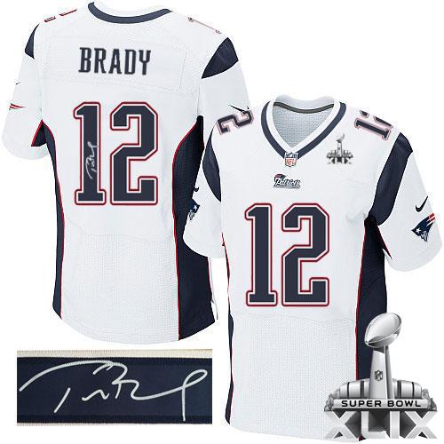  Patriots #12 Tom Brady White Super Bowl XLIX Men's Stitched NFL Elite Autographed Jersey