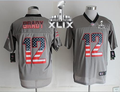  Patriots #12 Tom Brady Grey Super Bowl XLIX Men's Stitched NFL Elite USA Flag Fashion Jersey