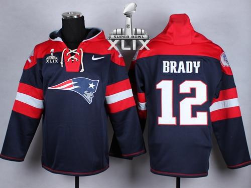  Patriots #12 Tom Brady Navy Blue Super Bowl XLIX Player Pullover NFL Hoodie