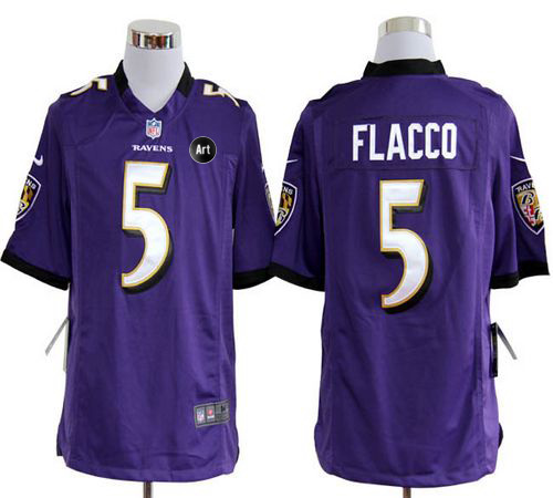  Ravens #5 Joe Flacco Purple Team Color With Art Patch Men's Stitched NFL Game Jersey
