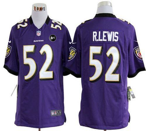  Ravens #52 Ray Lewis Purple Team Color With Art Patch Men's Stitched NFL Game Jersey