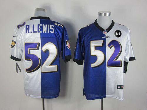  Ravens #52 Ray Lewis Purple/White With Art Patch Men's Stitched NFL Elite Split Jersey