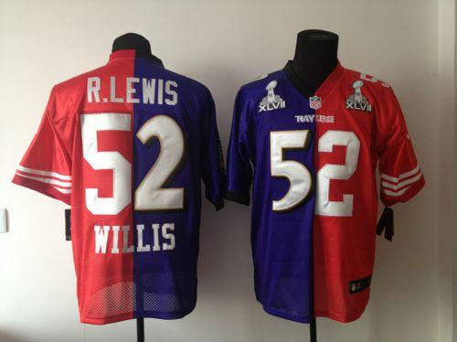  Ravens & 49ers #52 Ray Lewis & Patrick Willis Purple/Red Super Bowl XLVII Men's Stitched NFL Mixture Elite Jersey