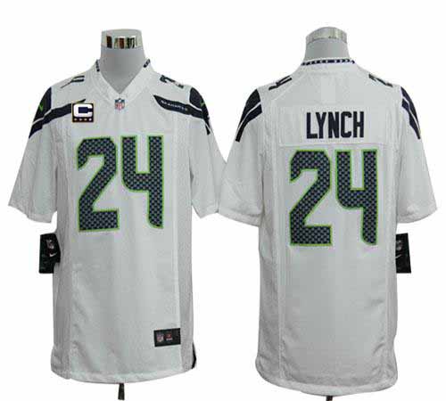  Seahawks #24 Marshawn Lynch White With C Patch Men's Stitched NFL Game Jersey