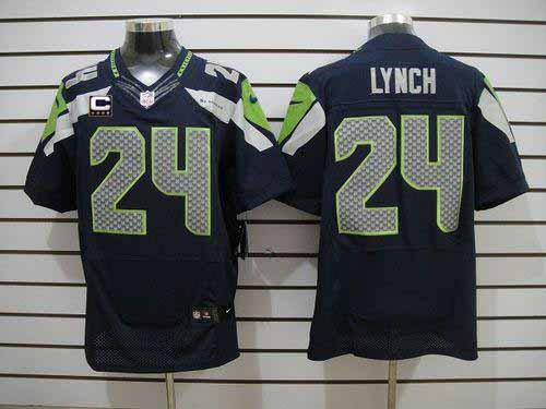  Seahawks #24 Marshawn Lynch Steel Blue Team Color With C Patch Men's Stitched NFL Elite Jersey