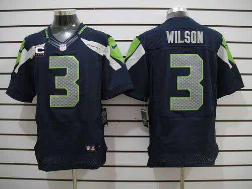  Seahawks #3 Russell Wilson Steel Blue Team Color With C Patch Men's Stitched NFL Elite Jersey