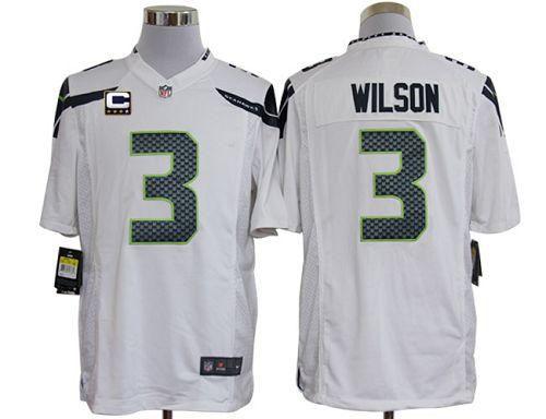  Seahawks #3 Russell Wilson White With C Patch Men's Stitched NFL Game Jersey