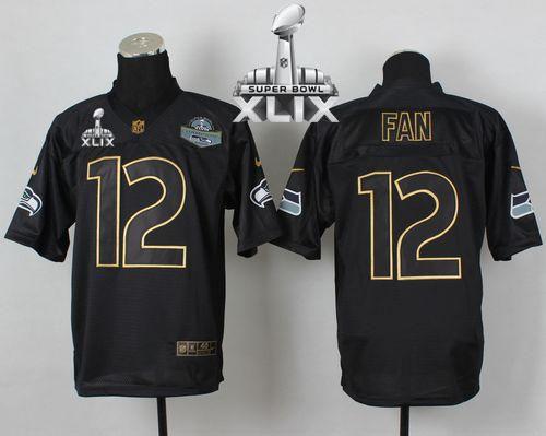  Seahawks #12 Fan Black Gold No. Fashion Super Bowl XLIX Men's Stitched NFL Elite Jersey