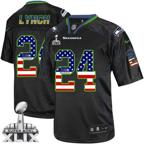  Seahawks #24 Marshawn Lynch Black Super Bowl XLIX Men's Stitched NFL Elite USA Flag Fashion Jersey
