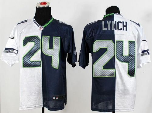  Seahawks #24 Marshawn Lynch White/Steel Blue Men's Stitched NFL Elite Split Jersey