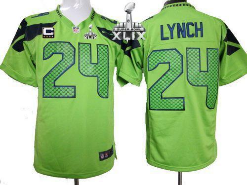  Seahawks #24 Marshawn Lynch Green Alternate With C Patch Super Bowl XLIX Men's Stitched NFL Game Jersey