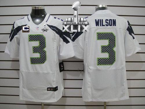  Seahawks #3 Russell Wilson White With C Patch Super Bowl XLIX Men's Stitched NFL Elite Jersey
