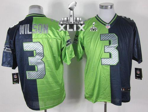  Seahawks #3 Russell Wilson Steel Blue/Green Super Bowl XLIX Men's Stitched NFL Elite Split Jersey
