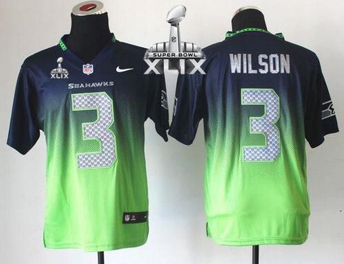  Seahawks #3 Russell Wilson Steel Blue/Green Super Bowl XLIX Men's Stitched NFL Elite Fadeaway Fashion Jersey