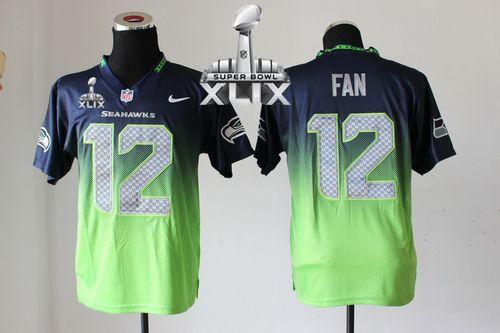  Seahawks #12 Fan Steel Blue/Green Super Bowl XLIX Men's Stitched NFL Elite Fadeaway Fashion Jersey