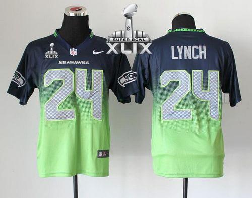  Seahawks #24 Marshawn Lynch Steel Blue/Green Super Bowl XLIX Men's Stitched NFL Elite Fadeaway Fashion Jersey