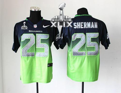  Seahawks #25 Richard Sherman Steel Blue/Green Super Bowl XLIX Men's Stitched NFL Elite Fadeaway Fashion Jersey