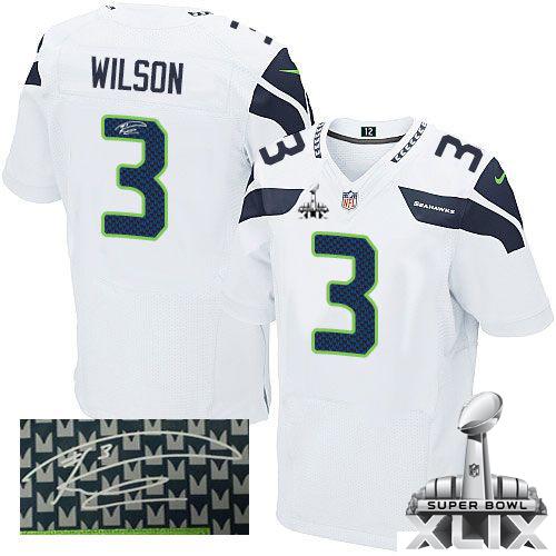  Seahawks #3 Russell Wilson White Super Bowl XLIX Men's Stitched NFL Elite Autographed Jersey