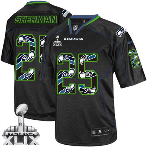  Seahawks #25 Richard Sherman New Lights Out Black Super Bowl XLIX Men's Stitched NFL Elite Jersey