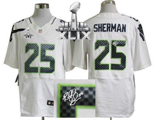  Seahawks #25 Richard Sherman White Super Bowl XLIX Men's Stitched NFL Elite Autographed Jersey
