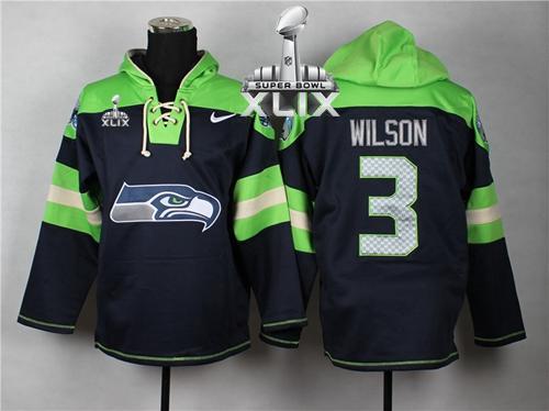  Seahawks #3 Russell Wilson Navy Blue Super Bowl XLIX Player Pullover NFL Hoodie