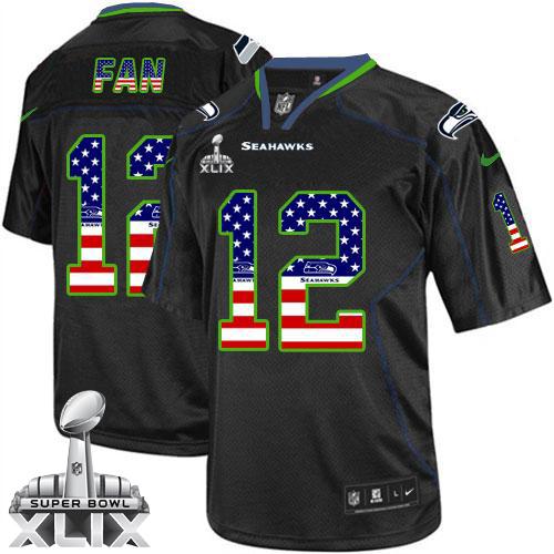  Seahawks #12 Fan Black Super Bowl XLIX Men's Stitched NFL Elite USA Flag Fashion Jersey