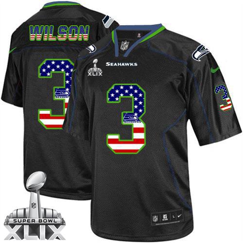  Seahawks #3 Russell Wilson Black Super Bowl XLIX Men's Stitched NFL Elite USA Flag Fashion Jersey