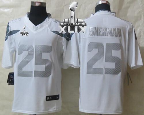  Seahawks #25 Richard Sherman White Super Bowl XLIX Men's Stitched NFL Limited Platinum Jersey