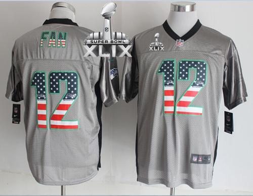  Seahawks #12 Fan Grey Super Bowl XLIX Men's Stitched NFL Elite USA Flag Fashion Jersey