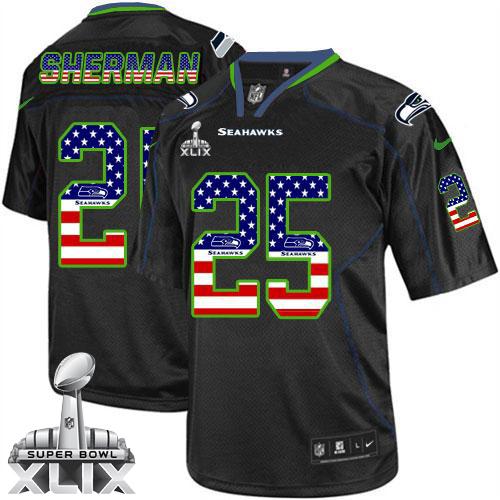  Seahawks #25 Richard Sherman Black Super Bowl XLIX Men's Stitched NFL Elite USA Flag Fashion Jersey