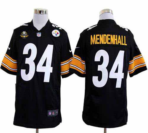  Steelers #34 Rashard Mendenhall Black Team Color With 80TH Patch Men's Stitched NFL Game Jersey