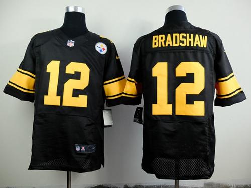  Steelers #12 Terry Bradshaw Black(Gold No.) Men's Stitched NFL Elite Jersey