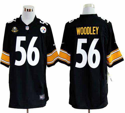  Steelers #56 LaMarr Woodley Black Team Color With 80TH Patch Men's Stitched NFL Game Jersey