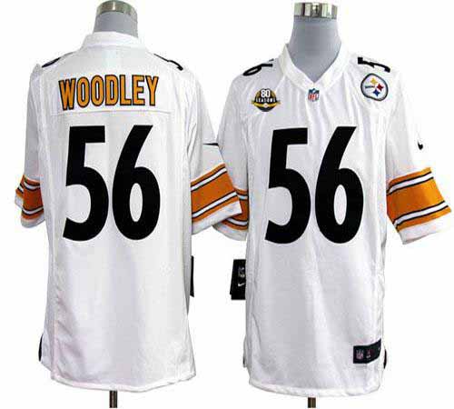  Steelers #56 LaMarr Woodley White With 80TH Patch Men's Stitched NFL Game Jersey