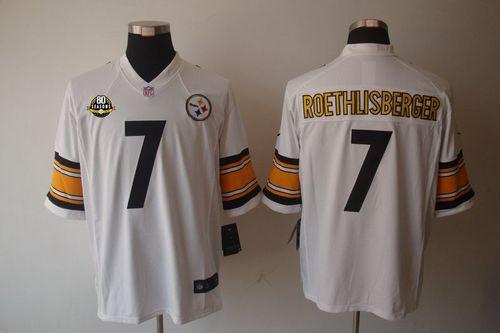  Steelers #7 Ben Roethlisberger White With 80TH Patch Men's Stitched NFL Limited Jersey