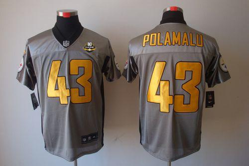  Steelers #43 Troy Polamalu Grey Shadow With 80TH Patch Men's Stitched NFL Elite Jersey