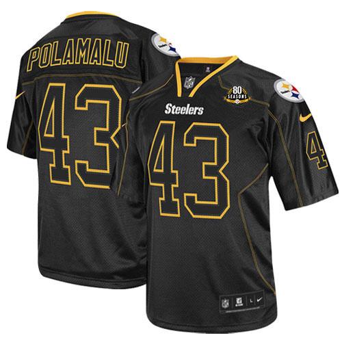  Steelers #43 Troy Polamalu Lights Out Black With 80TH Patch Men's Stitched NFL Elite Jersey