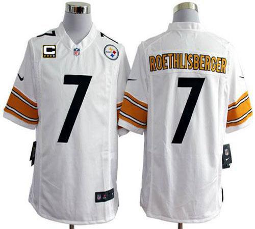  Steelers #7 Ben Roethlisberger White With C Patch Men's Stitched NFL Game Jersey