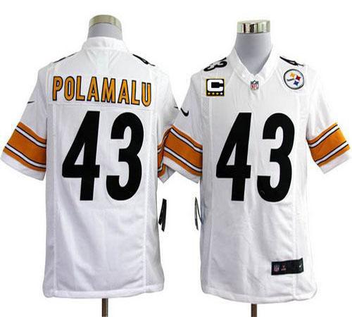  Steelers #43 Troy Polamalu White With C Patch Men's Stitched NFL Game Jersey
