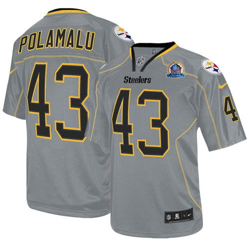  Steelers #43 Troy Polamalu Lights Out Grey With Hall of Fame 50th Patch Men's Stitched NFL Elite Jersey