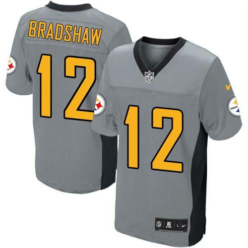  Steelers #12 Terry Bradshaw Grey Shadow Men's Stitched NFL Elite Jersey